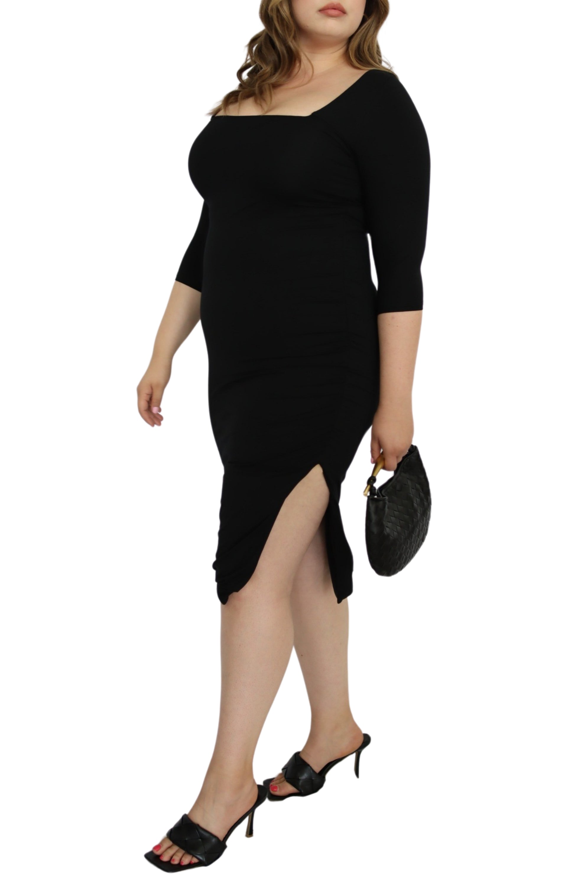 Elbow Sleeve Knit Midi Dress with Slit - THOROUGH WARDROBE