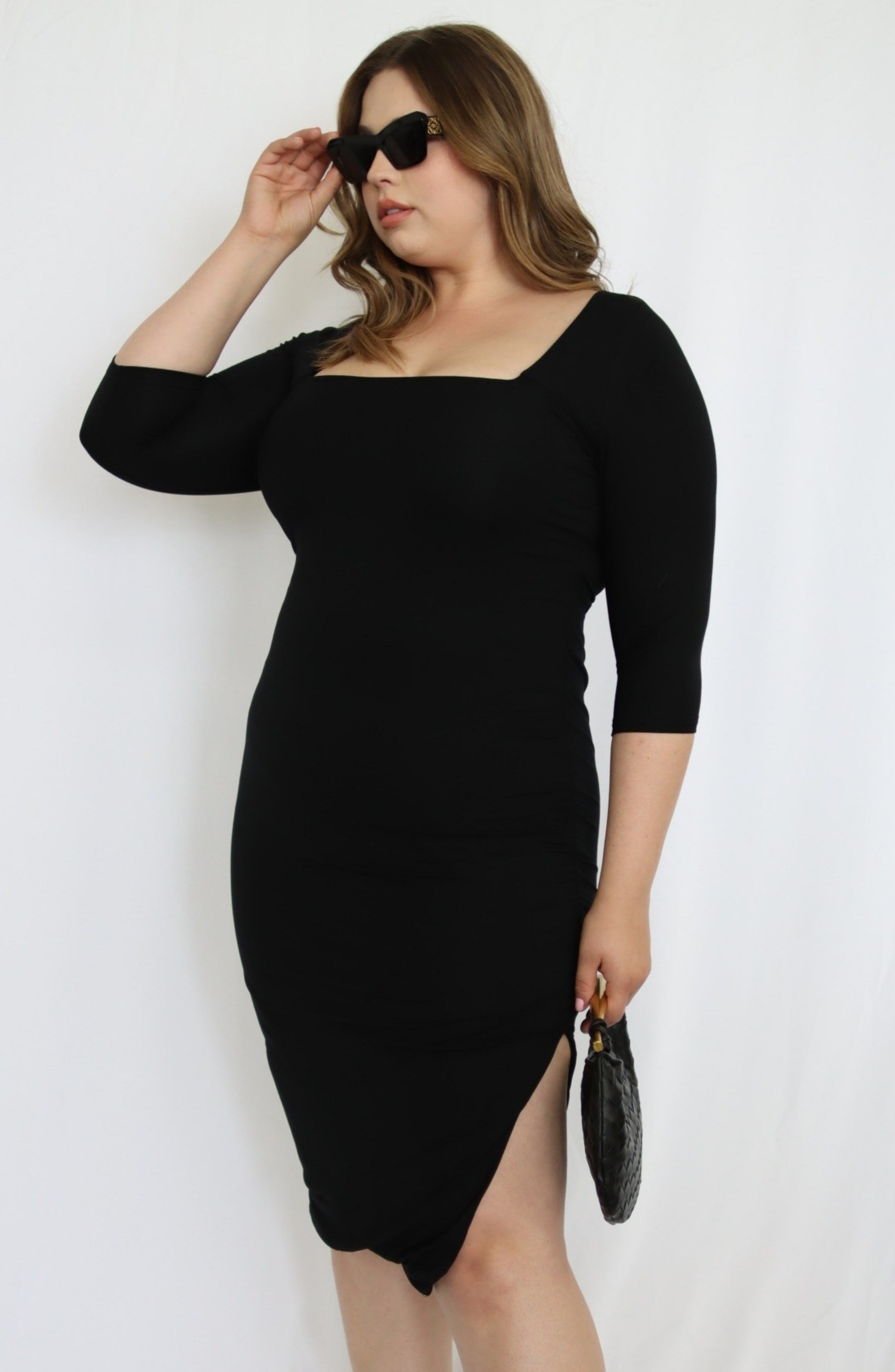 Elbow Sleeve Knit Midi Dress with Slit - THOROUGH WARDROBE