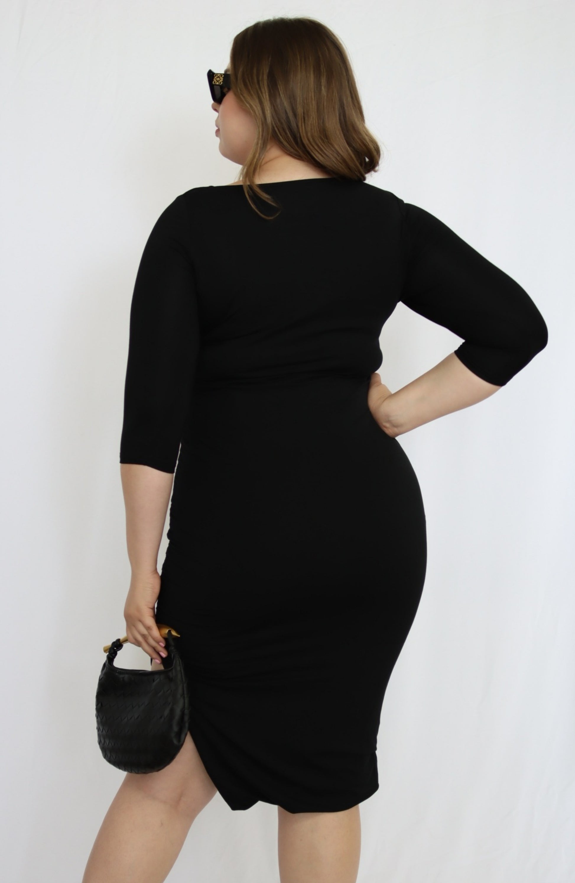 Elbow Sleeve Knit Midi Dress with Slit - THOROUGH WARDROBE