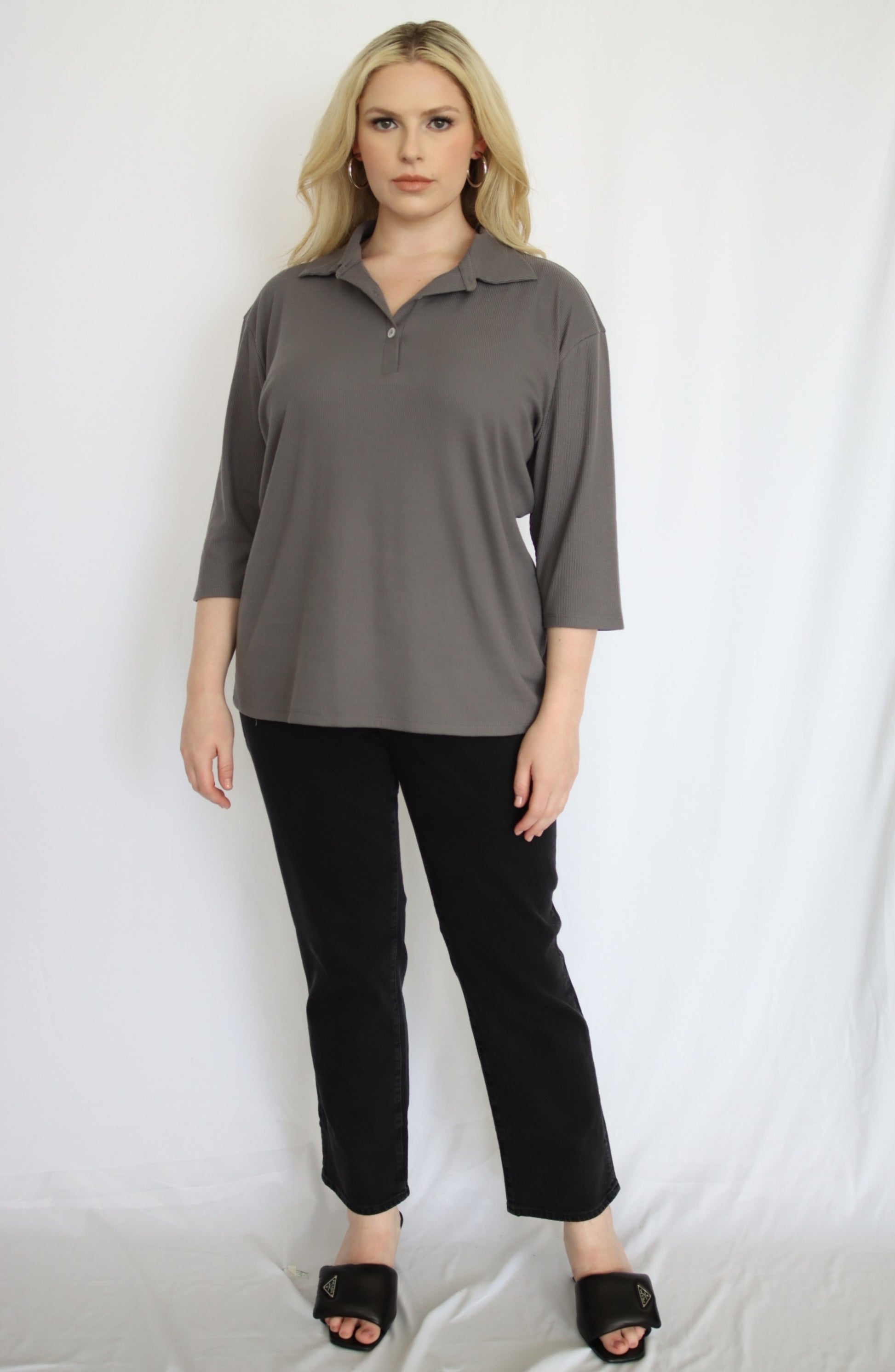 Rib Knit Polo Top - THOROUGH WARDROBE