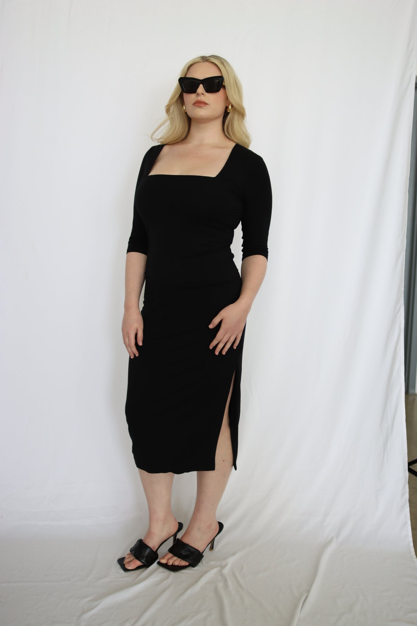 Elbow Sleeve Knit Midi Dress with Slit