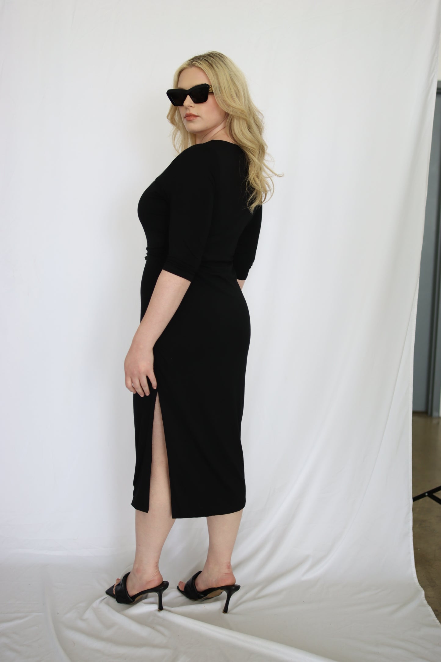 Elbow Sleeve Knit Midi Dress with Slit