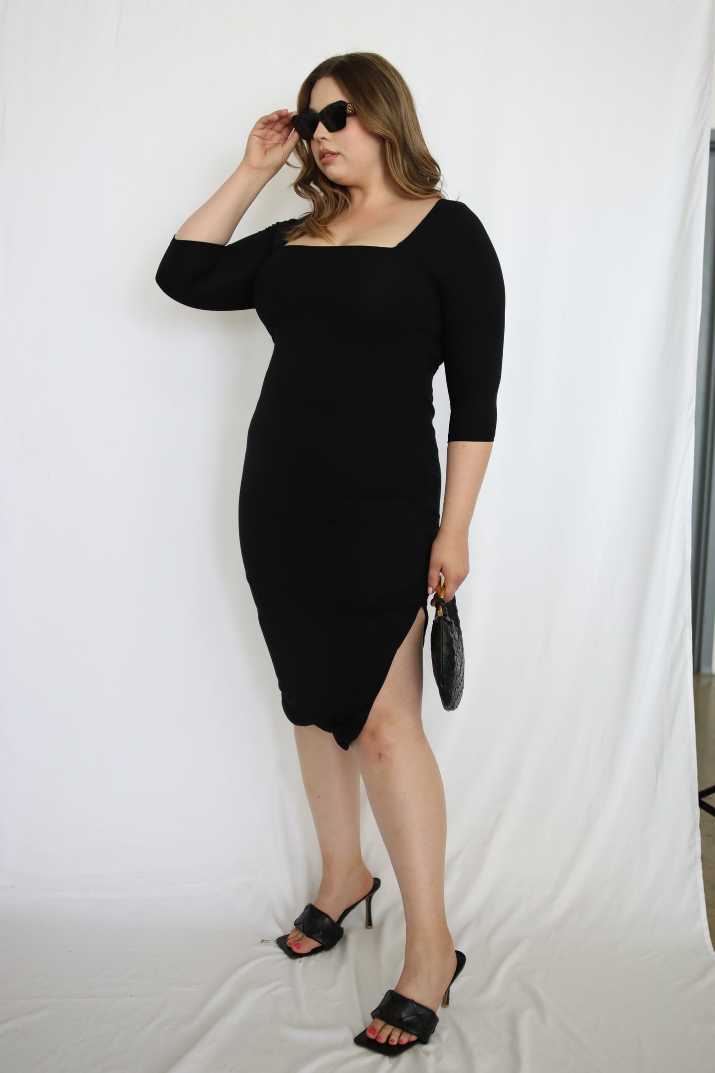 Elbow Sleeve Knit Midi Dress with Slit