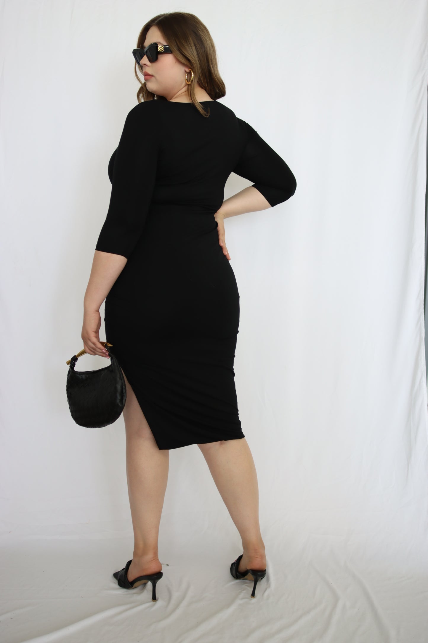 Elbow Sleeve Knit Midi Dress with Slit