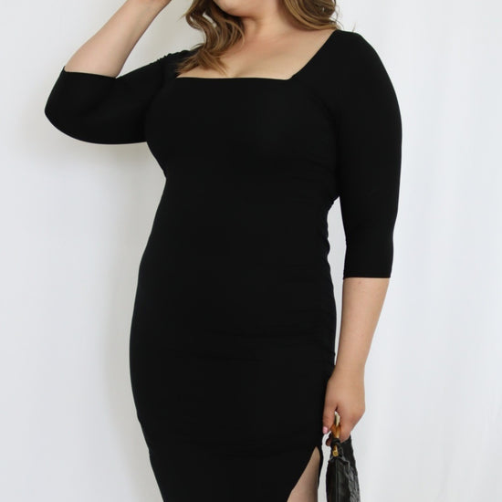 Elbow Sleeve Knit Midi Dress with Slit - THOROUGH WARDROBE