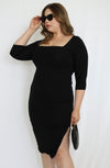 Elbow Sleeve Knit Midi Dress with Slit - THOROUGH WARDROBE