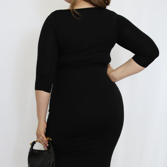 Elbow Sleeve Knit Midi Dress with Slit - THOROUGH WARDROBE